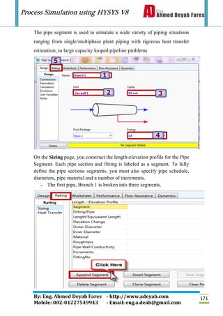 Process Simulation using HYSYS V8
By: Eng. Ahmed Deyab Fares - http://www.adeyab.com
Mobile: 002-01227549943 - Email: eng.a.deab@gmail.com
171
The pipe segment is used to simulate a wide variety of piping situations
ranging from single/multiphase plant piping with rigorous heat transfer
estimation, to large capacity looped pipeline problems
On the Sizing page, you construct the length-elevation profile for the Pipe
Segment. Each pipe section and fitting is labeled as a segment. To fully
define the pipe sections segments, you must also specify pipe schedule,
diameters, pipe material and a number of increments.
- The first pipe, Branch 1 is broken into three segments.
 
