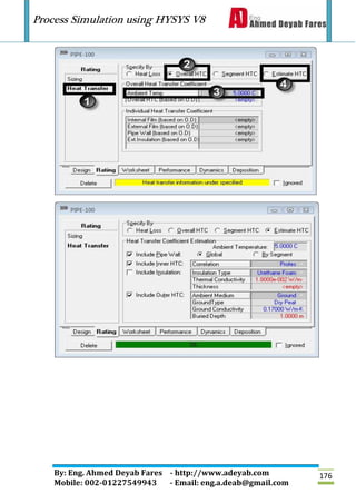 Process Simulation using HYSYS V8
By: Eng. Ahmed Deyab Fares - http://www.adeyab.com
Mobile: 002-01227549943 - Email: eng.a.deab@gmail.com
176
 
