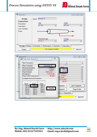 Process Simulation using HYSYS V8
By: Eng. Ahmed Deyab Fares - http://www.adeyab.com
Mobile: 002-01227549943 - Email: eng.a.deab@gmail.com
182
 