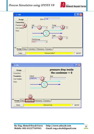 Process Simulation using HYSYS V8
By: Eng. Ahmed Deyab Fares - http://www.adeyab.com
Mobile: 002-01227549943 - Email: eng.a.deab@gmail.com
19
 