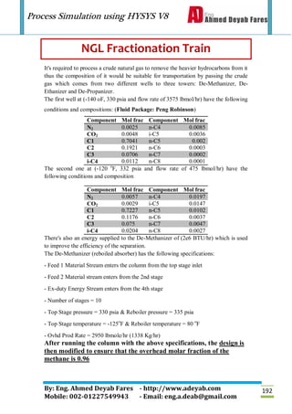 Process Simulation using HYSYS V8
By: Eng. Ahmed Deyab Fares - http://www.adeyab.com
Mobile: 002-01227549943 - Email: eng.a.deab@gmail.com
192
NGL Fractionation Train
It's required to process a crude natural gas to remove the heavier hydrocarbons from it
thus the composition of it would be suitable for transportation by passing the crude
gas which comes from two different wells to three towers: De-Methanizer, De-
Ethanizer and De-Propanizer.
The first well at (-140 oF, 330 psia and flow rate of 3575 lbmol/hr) have the following
conditions and compositions: (Fluid Package: Peng Robinson)
Component Mol frac Component Mol frac
N2 0.0025 n-C4 0.0085
CO2 0.0048 i-C5 0.0036
C1 0.7041 n-C5 0.002
C2 0.1921 n-C6 0.0003
C3 0.0706 n-C7 0.0002
i-C4 0.0112 n-C8 0.0001
The second one at (-120 o
F, 332 psia and flow rate of 475 lbmol/hr) have the
following conditions and composition
Component Mol frac Component Mol frac
N2 0.0057 n-C4 0.0197
CO2 0.0029 i-C5 0.0147
C1 0.7227 n-C5 0.0102
C2 0.1176 n-C6 0.0037
C3 0.075 n-C7 0.0047
i-C4 0.0204 n-C8 0.0027
There's also an energy supplied to the De-Methanizer of (2e6 BTU/hr) which is used
to improve the efficiency of the separation.
The De-Methanizer (reboiled absorber) has the following specifications:
- Feed 1 Material Stream enters the column from the top stage inlet
- Feed 2 Material stream enters from the 2nd stage
- Ex-duty Energy Stream enters from the 4th stage
- Number of stages = 10
- Top Stage pressure = 330 psia & Reboiler pressure = 335 psia
- Top Stage temperature = -125o
F & Reboiler temperature = 80 o
F
- Ovhd Prod Rate = 2950 lbmole/hr (1338 Kg/hr)
After running the column with the above specifications, the design is
then modified to ensure that the overhead molar fraction of the
methane is 0.96
 