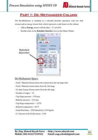 Process Simulation using HYSYS V8
By: Eng. Ahmed Deyab Fares - http://www.adeyab.com
Mobile: 002-01227549943 - Email: eng.a.deab@gmail.com
201
Part 1: De- Methanizer Column
The De-Methanizer is modeled as a reboiled absorber operation, with two feed
streams and an energy stream feed, which represents a side heater on the column.
- Add an Energy stream with the duty = 2.1 e6 kJ/hr
- Double-click on the Reboiled Absorber icon on the Object Palette.
De-Methanizer Specs:
- Feed 1 Material Stream enters the column from the top stage inlet
- Feed 2 Material stream enters from the 2nd stage
- Ex-duty Energy Stream enters from the 4th stage
- Number of stages = 10
- Top Stage pressure = 330 psia
- Reboiler pressure = 335 psia
- Top Stage temperature = -125o
F
- Reboiler temperature = 80 o
F
- Ovhd Prod Rate = 2950 lbmole/hr (1338 Kg/hr)
- C1 fraction in the Ovhd stream = 0.96
 