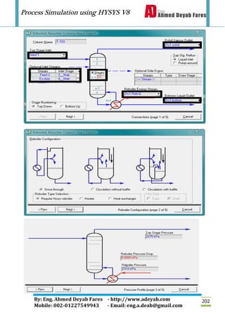 Process Simulation using HYSYS V8
By: Eng. Ahmed Deyab Fares - http://www.adeyab.com
Mobile: 002-01227549943 - Email: eng.a.deab@gmail.com
202
 