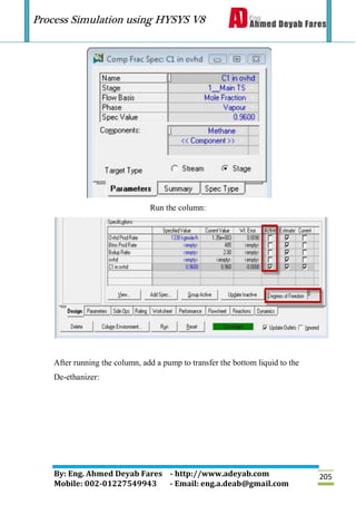 Process Simulation using HYSYS V8
By: Eng. Ahmed Deyab Fares - http://www.adeyab.com
Mobile: 002-01227549943 - Email: eng.a.deab@gmail.com
205
Run the column:
After running the column, add a pump to transfer the bottom liquid to the
De-ethanizer:
 