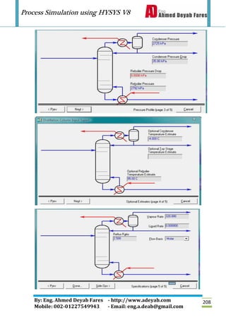 Process Simulation using HYSYS V8
By: Eng. Ahmed Deyab Fares - http://www.adeyab.com
Mobile: 002-01227549943 - Email: eng.a.deab@gmail.com
208
 