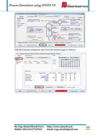 Process Simulation using HYSYS V8
By: Eng. Ahmed Deyab Fares - http://www.adeyab.com
Mobile: 002-01227549943 - Email: eng.a.deab@gmail.com
209
Add the Column component ratio from the monitor page as follows:
 