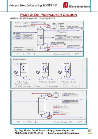 Process Simulation using HYSYS V8
By: Eng. Ahmed Deyab Fares - http://www.adeyab.com
Mobile: 002-01227549943 - Email: eng.a.deab@gmail.com
213
Part 3: De- Propanizer Column
Add a distillation column (De-propanizer):
 