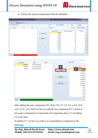 Process Simulation using HYSYS V8
By: Eng. Ahmed Deyab Fares - http://www.adeyab.com
Mobile: 002-01227549943 - Email: eng.a.deab@gmail.com
35
6- Choose the system components from the databank:
After adding the pure components (N2, H2S, CO2, C1, C2, C3, n-C4, i-C4,
n-C5, i-C5, n-C6, H2O) we have to add the last component (C7+
) which is
not a pure component as it represents all components above C7 including
C7 in the feed.
To define C7+ we have to create it as a hypothetical component as the
following:
 