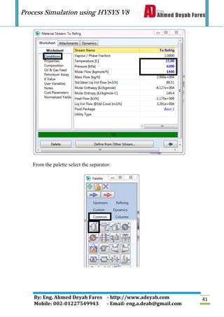 Process Simulation using HYSYS V8
By: Eng. Ahmed Deyab Fares - http://www.adeyab.com
Mobile: 002-01227549943 - Email: eng.a.deab@gmail.com
41
From the palette select the separator:
 