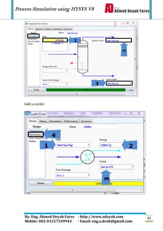 Process Simulation using HYSYS V8
By: Eng. Ahmed Deyab Fares - http://www.adeyab.com
Mobile: 002-01227549943 - Email: eng.a.deab@gmail.com
42
Add a cooler:
 