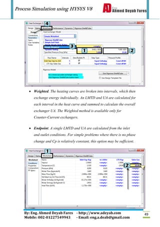 Process Simulation using HYSYS V8
By: Eng. Ahmed Deyab Fares - http://www.adeyab.com
Mobile: 002-01227549943 - Email: eng.a.deab@gmail.com
49
 Weighted. The heating curves are broken into intervals, which then
exchange energy individually. An LMTD and UA are calculated for
each interval in the heat curve and summed to calculate the overall
exchanger UA. The Weighted method is available only for
Counter-Current exchangers.
 Endpoint. A single LMTD and UA are calculated from the inlet
and outlet conditions. For simple problems where there is no phase
change and Cp is relatively constant, this option may be sufficient.
 