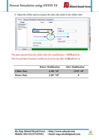 Process Simulation using HYSYS V8
By: Eng. Ahmed Deyab Fares - http://www.adeyab.com
Mobile: 002-01227549943 - Email: eng.a.deab@gmail.com
50
5- Open the chiller and re-connect the tube side outlet to the chiller inlet
The duty rejected from the chiller after this modification = 1.878 e6 kJ/hr
The Overall Heat Transfer Coefficient (UA) for the HX= 2.786 e5 kJ/C-h
Before Modification After Modification
Chiller Duty 4.186 *106
1.878 *106
Heater Duty 2.287 *106
0
 