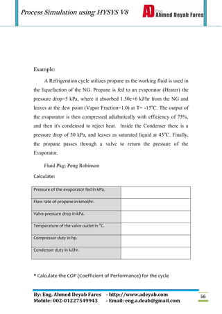 Process Simulation using HYSYS V8
By: Eng. Ahmed Deyab Fares - http://www.adeyab.com
Mobile: 002-01227549943 - Email: eng.a.deab@gmail.com
56
Example:
A Refrigeration cycle utilizes propane as the working fluid is used in
the liquefaction of the NG. Propane is fed to an evaporator (Heater) the
pressure drop=5 kPa, where it absorbed 1.50e+6 kJ/hr from the NG and
leaves at the dew point (Vapor Fraction=1.0) at T= -15o
C. The output of
the evaporator is then compressed adiabatically with efficiency of 75%,
and then it's condensed to reject heat. Inside the Condenser there is a
pressure drop of 30 kPa, and leaves as saturated liquid at 45o
C. Finally,
the propane passes through a valve to return the pressure of the
Evaporator.
Fluid Pkg: Peng Robinson
Calculate:
Pressure of the evaporator fed in kPa.
Flow rate of propane in kmol/hr.
Valve pressure drop in kPa.
Temperature of the valve outlet in o
C.
Compressor duty in hp.
Condenser duty in kJ/hr.
* Calculate the COP (Coefficient of Performance) for the cycle
 