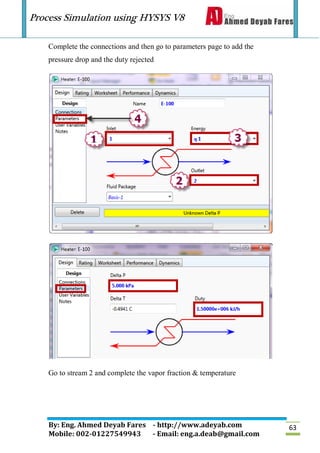 Process Simulation using HYSYS V8
By: Eng. Ahmed Deyab Fares - http://www.adeyab.com
Mobile: 002-01227549943 - Email: eng.a.deab@gmail.com
63
Complete the connections and then go to parameters page to add the
pressure drop and the duty rejected
Go to stream 2 and complete the vapor fraction & temperature
 