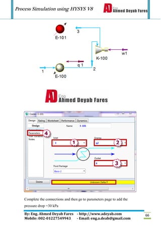 Process Simulation using HYSYS V8
By: Eng. Ahmed Deyab Fares - http://www.adeyab.com
Mobile: 002-01227549943 - Email: eng.a.deab@gmail.com
66
Complete the connections and then go to parameters page to add the
pressure drop =30 kPa
 