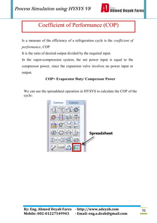 Process Simulation using HYSYS V8
By: Eng. Ahmed Deyab Fares - http://www.adeyab.com
Mobile: 002-01227549943 - Email: eng.a.deab@gmail.com
70
Coefficient of Performance (COP)
Is a measure of the efficiency of a refrigeration cycle is the coefficient of
performance, COP
It is the ratio of desired output divided by the required input.
In the vapor-compression system, the net power input is equal to the
compressor power, since the expansion valve involves no power input or
output.
COP= Evaporator Duty/ Compressor Power
We can use the spreadsheet operation in HYSYS to calculate the COP of the
cycle:
 