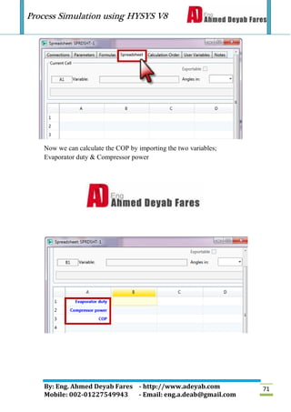Process Simulation using HYSYS V8
By: Eng. Ahmed Deyab Fares - http://www.adeyab.com
Mobile: 002-01227549943 - Email: eng.a.deab@gmail.com
71
Now we can calculate the COP by importing the two variables;
Evaporator duty & Compressor power
 