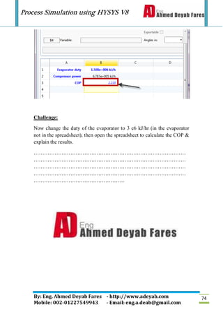 Process Simulation using HYSYS V8
By: Eng. Ahmed Deyab Fares - http://www.adeyab.com
Mobile: 002-01227549943 - Email: eng.a.deab@gmail.com
74
Challenge:
Now change the duty of the evaporator to 3 e6 kJ/hr (in the evaporator
not in the spreadsheet), then open the spreadsheet to calculate the COP &
explain the results.
……………………………………………………………………………
……………………………………………………………………………
……………………………………………………………………………
……………………………………………………………………………
…………………………………………….
 