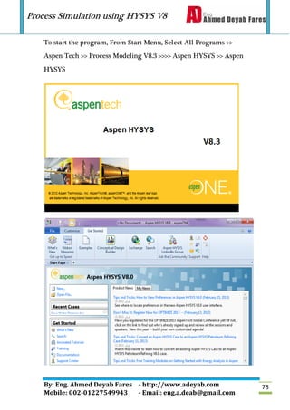 Process Simulation using HYSYS V8
By: Eng. Ahmed Deyab Fares - http://www.adeyab.com
Mobile: 002-01227549943 - Email: eng.a.deab@gmail.com
78
To start the program, From Start Menu, Select All Programs >>
Aspen Tech >> Process Modeling V8.3 >>>> Aspen HYSYS >> Aspen
HYSYS
 