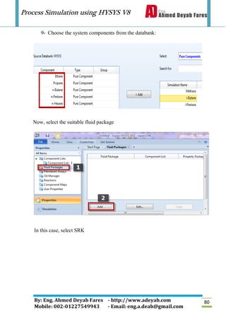 Process Simulation using HYSYS V8
By: Eng. Ahmed Deyab Fares - http://www.adeyab.com
Mobile: 002-01227549943 - Email: eng.a.deab@gmail.com
80
9- Choose the system components from the databank:
Now, select the suitable fluid package
In this case, select SRK
 