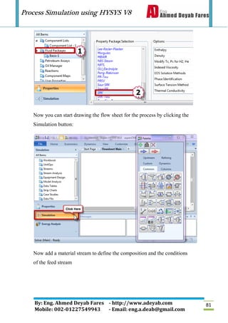 Process Simulation using HYSYS V8
By: Eng. Ahmed Deyab Fares - http://www.adeyab.com
Mobile: 002-01227549943 - Email: eng.a.deab@gmail.com
81
Now you can start drawing the flow sheet for the process by clicking the
Simulation button:
Now add a material stream to define the composition and the conditions
of the feed stream
 