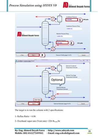 Process Simulation using HYSYS V8
By: Eng. Ahmed Deyab Fares - http://www.adeyab.com
Mobile: 002-01227549943 - Email: eng.a.deab@gmail.com
85
The target is to run the column with 2 specifications:
1- Reflux Ratio = 6.06
2- Overhead vapor rate (Vent rate) =226 lbmole/hr
 