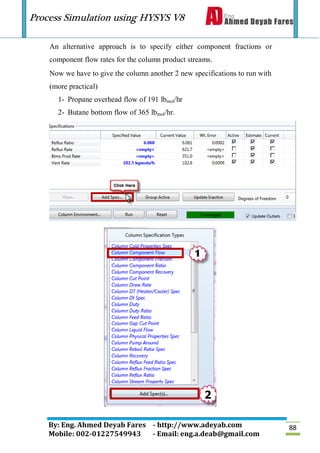 Process Simulation using HYSYS V8
By: Eng. Ahmed Deyab Fares - http://www.adeyab.com
Mobile: 002-01227549943 - Email: eng.a.deab@gmail.com
88
An alternative approach is to specify either component fractions or
component flow rates for the column product streams.
Now we have to give the column another 2 new specifications to run with
(more practical)
1- Propane overhead flow of 191 lbmol/hr
2- Butane bottom flow of 365 lbmol/hr.
 