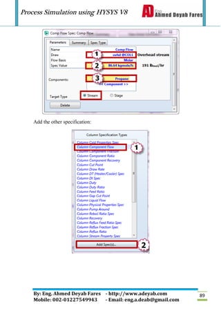 Process Simulation using HYSYS V8
By: Eng. Ahmed Deyab Fares - http://www.adeyab.com
Mobile: 002-01227549943 - Email: eng.a.deab@gmail.com
89
Add the other specification:
 