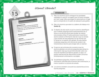 SESIÓN
INTRODUCCION
@+ Pide a los alumnos que te entreguen las actividades
realizadas en casa por sus papás y que no fueron enviadas
por mail. Luego indica que peguen la calcomanía en el lugar
que le corresponde en el cuadro de evaluación para padres.
B+ Pide a los alumnos que abran su cuaderno de trabajo en la
,@E.
C+ +            
que el realizar preguntas (autocuestionamiento) de un
    
 #+        
alumno extraer la información clave de lo que se estudia
y que muchas de esas preguntas son las mismas que
tú harías en un examen, por ejemplo. De esta manera
el plantear preguntas como técnica de estudio le da
herramientas al alumno para ensayar ante un examen.
D+ El ejercicio de la Introducción consiste en que los
alumnos planteen una serie de preguntas para extraer la
información clave que les permitirá ahondar sobre una
situación hipotética (el haberse ganado un viaje a un
parque internacional de diversiones) y poder comunicar
  ;     #
E+ Sin plantearse preguntas, el alumno no tendría la
;       ;   
mismo sucede en un proceso de estudio.
F+ Los alumnos también conocerán las características de las
buenas preguntas.
¿Cómo? ¿Dónde?
). J
Reconoce la importancia de plantear
preguntas como una herramienta de
obtención de información para un estudio
efectivo
  .)J

3 J
Autonomía y Colaboración
    J
Cuaderno de trabajo del alumno y 8 colores
15
4° Primaria 5to. Bimestre 97 HÁBITOS Y TÉCNICAS
 