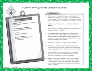 SESIÓN
INTRODUCCION
@+ Pide a los alumnos que te entreguen las actividades
realizadas en casa por sus papás y que no fueron enviadas
por mail. Luego indica que peguen la calcomanía en el lugar
que le corresponde en el cuadro de evaluación para padres.
B+ Solicitaalosalumnosqueabransucuadernodetrabajoenla
,D+
C+ Pide a un alumno que lea al grupo el texto de Introducción y
^$!  #
D+ Pregunta a los alumnos quiénes se consideran buenos
estudiantes y pídeles que expliquen por qué. Escucha varias
respuestas e indica que durante la sesión comprobarán si
       
necesitan para lograr este objetivo.
E+ Pídeles que contesten el cuestionario de la actividad 1.
F+ Pídeles que a partir de la información que ya tienen de
           
cual(es) les gustaría tener y escriban el número solamente.
G+ Indica a los alumnos que continúen con la actividad 2
de la Introducción, en la cual deben enlistar que otras
características debe tener un buen estudiante.
H+ Una vez que terminen de hacer el ejercicio de manera
individual, pídeles que se reúnan en cuartetos y comparen
sus respuestas con la de sus compañeros, reconociendo
en qué se parecen y en qué son diferentes. Aquí te damos
algunos ejemplos.
4
¿Cómo sabes que eres un buen alumno?
). J
  
alumno
  .)J
Análisis, Pensamiento divergente
3 J
Honestidad y Tolerancia
    J
Cuaderno de trabajo del alumno y
material escolar
22 4° Primaria 1er. Bimestre
HÁBITOS Y TÉCNICAS
 