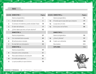 vi 4° Primaria Preliminares
HÁBITOS Y TÉCNICAS
 /
3
5
10
17
22
27
29
36
42
49
51
56
61
70
 /
75
77
82
88
95
97
103
111
113
,,5!
1
2
3
4
5
6
7
8
9
10
11
,,5!
12
13
14
15
16
$',#@
Avance programático
El valor del estudio
Si conozco mis talentos, puedo estudiar mejor
El valor del esfuerzo
¿Cómo sabes que eres un buen alumno?
$',#B
Avance programático
Con voluntad todo se puede
Mi actitud ante el estudio
Es más fácil con entusiasmo
$',#C
Avance programático
Descubro cómo comprendo
Para cada obstáculo una solución
Un estilo para aprender
Lo que ya sabía y lo que sé ahora
$',#D
Avance programático
El sordo que no oye, bien que compone
Lo que veo y no veo
En la Luna o en la Tierra
$',#E
Avance programático
¿Cómo? ¿Dónde?
'   
Recortables
'
INDICE
 