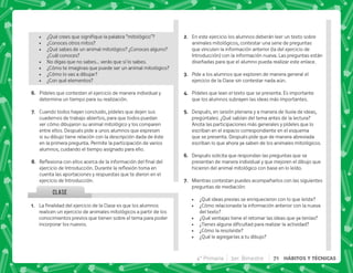 K[    †   ‡
 ¿Conoces otros mitos?
 ¿Qué sabes de un animal mitológico? ¿Conoces alguno?
¿Cuál conoces?
 No digas que no sabes… verás que sí lo sabes.
 ¿Cómo te imaginas que puede ser un animal mitológico?
 ¿Cómo lo vas a dibujar?
 ¿Con qué elementos?
F+ Pídeles que contesten el ejercicio de manera individual y
determina un tiempo para su realización.
G+ Cuando todos hayan concluido, pídeles que dejen sus
cuadernos de trabajo abiertos, para que todos puedan
ver cómo dibujaron su animal mitológico y los comparen
entre ellos. Después pide a unos alumnos que expresen
si su dibujo tiene relación con la descripción dada de éste
en la primera pregunta. Permite la participación de varios
alumnos, cuidando el tiempo asignado para ello.
H+ {$!    ;     
   #„ $! 
cuenta las aportaciones y respuestas que te dieron en el
ejercicio de Introducción.
CLASE
@+ €     '       
realicen un ejercicio de animales mitológicos a partir de los
conocimientos previos que tienen sobre el tema para poder
incorporar los nuevos.
B+ En este ejercicio los alumnos deberán leer un texto sobre
animales mitológicos, contestar una serie de preguntas
que vinculen la información anterior (la del ejercicio de
Introducción) con la información nueva. Las preguntas están
diseñadas para que el alumno pueda realizar este enlace.
C+ Pide a los alumnos que exploren de manera general el
ejercicio de la Clase sin contestar nada aún.
D+ Pídeles que lean el texto que se presenta. Es importante
que los alumnos subrayen las ideas más importantes.
E+ Después, en sesión plenaria y a manera de lluvia de ideas,
pregúntales: ¿Qué sabían del tema antes de la lectura?
Anota las participaciones más generales y pídeles que lo
escriban en el espacio correspondiente en el esquema
que se presenta. Después pide que de manera abreviada
escriban lo que ahora ya saben de los animales mitológicos.
F+ Después solicita que respondan las preguntas que se
presentan de manera individual y que mejoren el dibujo que
hicieron del animal mitológico con base en lo leído.
G+ Mientras contestan puedes acompañarlos con las siguientes
preguntas de mediación:
 ¿Qué ideas previas se enriquecieron con lo que leíste?
 ¿Cómo relacionaste la información anterior con la nueva
del texto?
 ¿Qué ventajas tiene el retomar las ideas que ya tenías?
 K     
 ¿Cómo la resolviste?
 ¿Qué le agregarías a tu dibujo?
4° Primaria 3er. Bimestre 71 HÁBITOS Y TÉCNICAS
 