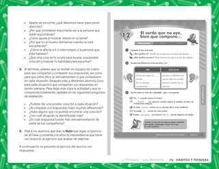 57
SESIÓN
HÁBITOS
Y
TÉCNICAS
HÁBITOS
Y
TÉCNICAS
Introducción Clase Cierre
Sesión 12
El sordo que no oye, bien que compone…
1
2
3
12 El sordo que no oye,
bien que compone…
Contesta lo que se te pide.
¿Qué significa oír?
¿Qué significa escuchar?
Escribe tres diferencias entre escuchar y oír.
Escribe sobre la línea oír o escuchar, según corresponda.
No cuando tocaron el timbre.
con atención cuando explicó el profesor el tema de
civilizaciones antiguas.
Es malo música con el volumen alto si traes audífonos.
Se puede cuando las aves cantan.
Estaba una historia y no cuando llegaron mis papás
.
Cuando se escucha se requiere poner atención
para poder comprender mejor de lo que
se está hablando.
Percibir los sonidos que provienen del exterior.
Poner atención en algo o lo que dice alguien.
oí
oí
oír
Escuché
escuchar
escuchando
Oír es sólo captar los
sonidos.
Oír no requiere
concentración.
Escuchar es identificar de
qué se tratan los sonidos.
Escuchar necesita fijar la
atención.
 Aparte de escuchar, ¿qué debemos hacer para poner
atención?
 ¿Por qué consideran importante ver a la persona que
están escuchando?
 ¿Cómo ayuda el mostrar interés en el tema?
 ¿Por qué no es bueno distraerse cuando se está
escuchando?
 ¿Cómo te afecta a ti si interrumpes a la persona que
está hablado?
 ¿Qué otra cosa se te ocurre para buscar una posible
solución y mejorar tu habilidad para escuchar?
E+ Al terminar, pídeles que se reúnan en equipos de cuatro
para que compartan y comparen sus respuestas, así como
para que entre ellos se retroalimenten lo que contestaron
en cada situación. Después pide a diferentes alumnos (uno
para cada situación) que compartan sus respuestas en
sesión plenaria. Para dejar más clara la actividad y que se
comprenda totalmente, apóyate en las siguientes preguntas
de mediación:
 ¿Pudiste dar una posible solución a cada situación?
 ¿Al comparar sus respuestas hubo muchas diferencias?
 ¿Hubo alguno que no pudiste encontrar una solución?
 K'      
 ¿En cuál respuesta tuviste más retroalimentación de
parte de tus compañeros?
F+ Pide a los alumnos que lean la ! que sigue al ejercicio
de la Clase y comenta con ellos la trascendencia que tiene
con respecto al ejercicio que acaban de elaborar.
A continuación se presenta el ejercicio del alumno con
respuestas.
4° Primaria 4to. Bimestre 79 HÁBITOS Y TÉCNICAS
 
