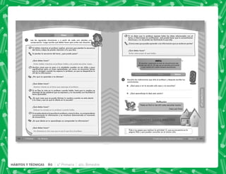 58 4° Primaria 4to. Bimestre
Introducción Clase Cierre
1 Lee las siguientes situaciones y a partir de cada una plantea una
consecuencia. Luego escribe qué debes hacer para evitar esa situación.
Si hablas mientras el profesor explica, provoca que pierdas la secuencia
del tema y dejas de prestar atención a lo que dice.
Si pierdes la secuencia del tema, ¿qué puede pasar?
¿Qué debes hacer?
Muchas cosas que se oyen a tu alrededor pueden no ser útiles y poco
significativas para un buen aprendizaje; así como no encontrar temas
que te atraigan cuando los expone tu profesor, ya que se desperdicia lo
útil de la información.
¿Por qué no aprendes si te distraes?
¿Qué debes hacer?
Si no fijas la vista en tu profesor cuando habla, hará que tu cerebro se
distraiga de las palabras que se expresan y no recuerdes con facilidad el
tema aprendido.
¿En qué crees que se pueda distraer tu cerebro cuando no está atento
a la clase y eso en qué te afecta en la escuela?
¿Qué debes hacer?
Si no estás atento a lo que dice tu profesor y cómo lo dice, no comprenderás
correctamente la información y se mostrará distorsionada al momento
de transmitirla.
¿En qué afecta en tu aprendizaje no comprender la información?
¿Qué debes hacer?
Evitar hablar mientras el profesor habla y así podré escuchar mejor.
Mostrar interés en el tema que exponga el profesor.
Enfocar la mirada en tu profesor cuando habla.
No distraerte en otra cosa que no sea lo que dice el profesor.
59
HÁBITOS
Y
TÉCNICAS
HÁBITOS
Y
TÉCNICAS
Sesión 12
El sordo que no oye, bien que compone…
El escuchar comprende un nivel de concentración más
elevado que sólo oír. Es algo que se aprende practicando
y que resulta útil cuando estamos aprendiendo.
NOTA
1
Introducción Clase Cierre
Escucha las indicaciones que dirá el profesor y después escribe tus
conclusiones.
¿Qué pasa si en la escuela sólo oyes y no escuchas?
¿Qué aprendizaje te dejó esta sesión?
Pide a tus papás que realicen la actividad 12, que se encuentra en la
página Web y que pueden consultar en el mismo sitio.
“Nada es fácil ni tan útil como escuchar mucho.”
Juna Luis Vives
Reﬂexión
Si no dejas que tu profesor exprese todas las ideas relacionadas con el
tema, e interrumpes sin justificación, esto puede hacer que tu concentración
disminuya y no recuerdes tan fácilmente lo que dijo.
¿Cómocrees que puedes aprender una información que se recibe en partes?
¿Qué debes hacer?
Evitar interrumpir al que habla.
80 4° Primaria 4to. Bimestre
HÁBITOS Y TÉCNICAS
 