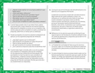 CLASE
 ¿Alguien puede explicar con sus propias palabras lo que
deben hacer?
 K~ $! 
 Kˆ$!  ^
 ¿Qué se describe en la columna izquierda?
 ¿Qué deben escribir en la columna derecha?
 ¿Les quedó claro lo que deben hacer?
 ¿Una vez que completen el cuadro qué deben contestar?
F+ Cuando haya quedado claro lo que deben hacer, pídeles
     $!   
cada situación y después se reúnan con su compañero más
cercano para que juntos completen el cuadro y contesten las
preguntas. Determina un tiempo para su realización.
G+ Puedes acompañar a los alumnos durante la realización del
ejercicio con las siguientes preguntas de mediación:
 ¿Hay algún aspecto que no entiendan?
 ¿Qué situación te ha pasado con mayor frecuencia?
 ¿Qué te distrae durante las clases?
 ¿En qué momentos te muestras más distraído?
 K'            
H+ Cuando todos hayan concluido, pide a una de las parejas
que comparta sus respuestas, para que las comparen
   ! $!      #*
que levanten la mano los alumnos que coincidieron en
las respuestas, cuidando el tiempo asignado para ello.
Pídeles que compartan también las respuestas a las dos
    #*  
se complementen sus respuestas.
I+ Concluye la sección de Introducción retroalimentando a los
alumnos con la siguiente información:
La atención es el proceso a través del cual seleccionamos
algún estímulo de nuestro ambiente, es decir, nos
centramos en un estímulo de entre todos los que hay a
nuestro alrededor e ignoramos todos los demás.
Solemos prestar más atención a aquello que nos interesa,
ya sea por las propias características del estímulo
(tamaño, color, forma, movimiento) o por nuestras propias
motivaciones. Así pues, la atención y el interés están
íntimamente relacionados, al igual que la atención y la
concentración.
@N+{$!       ;  
    #„ $! 
en cuenta las aportaciones y respuestas que te dieron en el
ejercicio de Introducción.
@+ €  '       
conozcan cuáles son los factores que favorecen la atención
y concentración, para ponerlos en práctica al momento de
estudiar.
B+ En esta actividad los alumnos primero leerán cuáles son los
factores que favorecen la atención para que a partir de ellos
realicen un collage que represente una situación personal
donde hayan puesto en práctica alguno de estos factores.
4° Primaria 4to. Bimestre 89 HÁBITOS Y TÉCNICAS
 