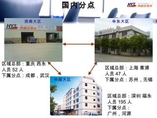 国内分点
    西南大区              华东大区




区域总部：重庆 西永
人员 52 人              区域总部：上海 青浦
下属分点：成都，武汉           人员 47 人
             华南大区    下属分点：苏州，无锡


                     区域总部：深圳 福永
                     人员 195 人
                     下属分点：
                     广州，河源
 