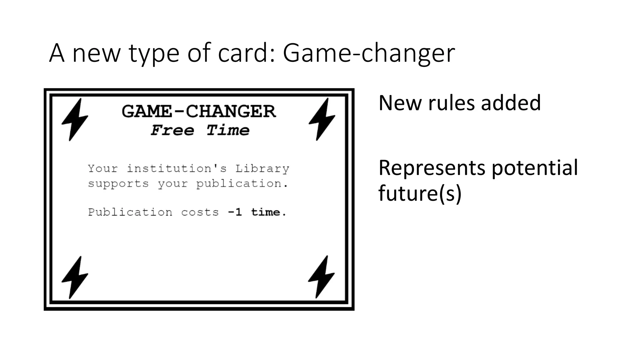 A new type of card: Game-changer
New rules added
Represents potential
future(s)
 