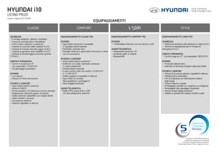 CLASSIC COMFORT STYLE
SICUREZZA
•6 Airbag (anteriori, laterali, a tendina)
•Chiusura centralizzata e Immobilizer
•Freni a disco anteriori e posteriori
•Sistema di controllo della stabilità (E.S.P.)
•Sistema di frenata anti bloccaggio (A.B.S.)
•Sistema di gestione della stabilità (V.S.M.)
•Sistema di monitoraggio pressione gomme
(T.P.M.S.)
CERCHI E PNEUMATICI
•Cerchi in acciaio da 14”
con pneumatici 175/65 R14
•Kit gonfiaggio pneumatici
ESTERNI
•Luci diurne
•Paraurti in tinta carrozzeria
INTERNI E COMFORT
•Alzacristalli elettrici anteriori
•Attacchi ISOFIX
•Prese ausiliarie 12V (plancia e tunnel centrale)
•Regolazione intensità quadro strumenti
•Sedili posteriori abbattibili con modulo 60:40
•Sedili rivestiti in tessuto
•Servosterzo elettrico
•Volante regolabile in altezza
EQUIPAGGIAMENTO CLASSIC PIÙ:
ESTERNI
•Specchietti retrovisori riscaldabili
e regolabili elettricamente
•Montante centrale nero
•Maniglie esterne e specchietti retrovisori in tinta
con la carrozzeria
INTERNI E COMFORT
•Alzacristalli elettrici posteriori
•Antifurto con radio comando a distanza
e chiave pieghevole
•Climatizzatore manuale
•Cruise control (solo con motori 1.0 MPI M/T
e 1.2 MPI M/T)
•Sedile guidatore regolabile in altezza
•Specchietti di cortesia
(lato guidatore e passeggero)
•Vano bagagli illuminato
AUDIO/TELEMATICA
•Radio MP3, presa AUX e USB
con due altoparlanti anteriori
EQUIPAGGIAMENTO COMFORT PIÙ:
ESTERNI
• Fendinebbia anteriori con luci diurne a LED
AUDIO/TELEMATICA
•Altoparlanti posteriori (2)
•Comandi audio al volante
•Bluetooth®
EQUIPAGGIAMENTO LOGIN PIÙ:
SICUREZZA
• Sistema di assistenza alla partenza in salita (H.A.C.)
• Sistema di segnalazione per le frenate di
emergenza (E.S.S.)
CERCHI E PNEUMATICI
• Cerchi in lega da 15’’ con pneumatici 185/55 R15
ESTERNI
• Protezioni laterali nere
• Indicatori di direzione integrati negli specchietti
INTERNI E COMFORT
• Cinture di sicurezza anteriori regolabili in altezza
• Climatizzatore automatico
• Fari di proiezione con illuminazione statica
degli angoli
• Finiture interne cromate
• Portaoggetti centrale con copertura a scomparsa
• Portaoggetti lato passeggero illuminato
• Sensori di parcheggio posteriori
• Volante e pomello del cambio rivestiti in pelle
EQUIPAGGIAMENTI
HYUNDAI i10
LISTINO PREZZI
Condizioni e limiti della garanzia su
La garanzia proposta non si estende
a tutte le componenti delle autovetture.
Il Multimedia System Parrot è garantito 3 anni.
Listino in vigore da 01/12/2016
 