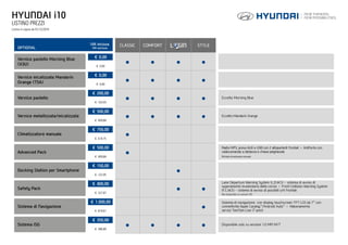 HYUNDAI i10
LISTINO PREZZI
Listino in vigore da 01/12/2016
OPTIONAL
IVA inclusa
IVA esclusa
CLASSIC COMFORT STYLE
Vernice pastello Morning Blue
(X3U)
€ 0,00
• • • •€ 0,00
Vernice micalizzata Mandarin
Orange (T5A)
€ 0,00
• • • •€ 0,00
Vernice pastello
€ 200,00
• • • • Eccetto Morning Blue
€ 163,93
Vernice metallizzata/micalizzata
€ 500,00
• • • • Eccetto Mandarin Orange
€ 409,84
Climatizzatore manuale
€ 750,00
•€ 614,75
Advanced Pack
€ 500,00
•
Radio MP3, presa AUX e USB con 2 altoparlanti frontali • Antifurto con
radiocomando a distanza e chiave pieghevole
Richiede climatizzatore manuale€ 409,84
Docking Station per Smartphone
€ 150,00
•€ 122,95
Safety Pack
€ 400,00
• •
Lane Departure Warning System (L.D.W.S) - sistema di avviso di
superamento involontario della corsia • Front Collision Warning System
(F.C.W.S) - sistema di avviso di possibili urti frontali
Non disponibile su versioni LPG
€ 327,87
Sistema di Navigazione
€ 1.000,00
•
Sistema di navigazione con display touchscreen TFT LCD da 7” con
connettività Apple Carplay™
/Android Auto™
• Abbonamento
servizi TomTom Live (7 anni)€ 819,67
Sistema ISG
€ 350,00
• • • • Disponibile solo su versioni 1.0 MPI M/T
€ 286,89
 