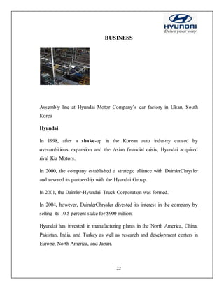 22
BUSINESS
Assembly line at Hyundai Motor Company’s car factory in Ulsan, South
Korea
Hyundai
In 1998, after a shake-up in the Korean auto industry caused by
overambitious expansion and the Asian financial crisis, Hyundai acquired
rival Kia Motors.
In 2000, the company established a strategic alliance with DaimlerChrysler
and severed its partnership with the Hyundai Group.
In 2001, the Daimler-Hyundai Truck Corporation was formed.
In 2004, however, DaimlerChrysler divested its interest in the company by
selling its 10.5 percent stake for $900 million.
Hyundai has invested in manufacturing plants in the North America, China,
Pakistan, India, and Turkey as well as research and development centers in
Europe, North America, and Japan.
 