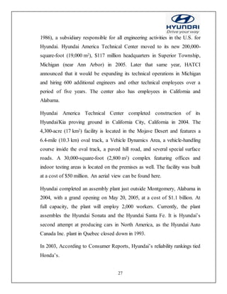 27
1986), a subsidiary responsible for all engineering activities in the U.S. for
Hyundai. Hyundai America Technical Center moved to its new 200,000-
square-foot (19,000 m2), $117 million headquarters in Superior Township,
Michigan (near Ann Arbor) in 2005. Later that same year, HATCI
announced that it would be expanding its technical operations in Michigan
and hiring 600 additional engineers and other technical employees over a
period of five years. The center also has employees in California and
Alabama.
Hyundai America Technical Center completed construction of its
Hyundai/Kia proving ground in California City, California in 2004. The
4,300-acre (17 km2) facility is located in the Mojave Desert and features a
6.4-mile (10.3 km) oval track, a Vehicle Dynamics Area, a vehicle-handling
course inside the oval track, a paved hill road, and several special surface
roads. A 30,000-square-foot (2,800 m2) complex featuring offices and
indoor testing areas is located on the premises as well. The facility was built
at a cost of $50 million. An aerial view can be found here.
Hyundai completed an assembly plant just outside Montgomery, Alabama in
2004, with a grand opening on May 20, 2005, at a cost of $1.1 billion. At
full capacity, the plant will employ 2,000 workers. Currently, the plant
assembles the Hyundai Sonata and the Hyundai Santa Fe. It is Hyundai’s
second attempt at producing cars in North America, as the Hyundai Auto
Canada Inc. plant in Quebec closed down in 1993.
In 2003, According to Consumer Reports, Hyundai’s reliability rankings tied
Honda’s.
 