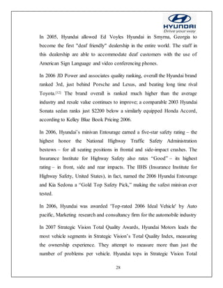 28
In 2005, Hyundai allowed Ed Voyles Hyundai in Smyrna, Georgia to
become the first "deaf friendly" dealership in the entire world. The staff in
this dealership are able to accommodate deaf customers with the use of
American Sign Language and video conferencing phones.
In 2006 JD Power and associates quality ranking, overall the Hyundai brand
ranked 3rd, just behind Porsche and Lexus, and beating long time rival
Toyota.[12] The brand overall is ranked much higher than the average
industry and resale value continues to improve; a comparable 2003 Hyundai
Sonata sedan ranks just $2200 below a similarly equipped Honda Accord,
according to Kelley Blue Book Pricing 2006.
In 2006, Hyundai’s minivan Entourage earned a five-star safety rating – the
highest honor the National Highway Traffic Safety Administration
bestows – for all seating positions in frontal and side-impact crashes. The
Insurance Institute for Highway Safety also rates “Good” – its highest
rating – in front, side and rear impacts. The IIHS (Insurance Institute for
Highway Safety, United States), in fact, named the 2006 Hyundai Entourage
and Kia Sedona a “Gold Top Safety Pick,” making the safest minivan ever
tested.
In 2006, Hyundai was awarded 'Top-rated 2006 Ideal Vehicle' by Auto
pacific, Marketing research and consultancy firm for the automobile industry
In 2007 Strategic Vision Total Quality Awards, Hyundai Motors leads the
most vehicle segments in Strategic Vision’s Total Quality Index, measuring
the ownership experience. They attempt to measure more than just the
number of problems per vehicle. Hyundai tops in Strategic Vision Total
 