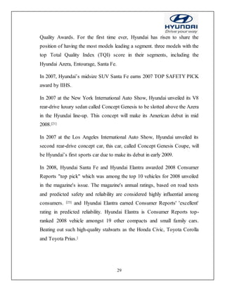 29
Quality Awards. For the first time ever, Hyundai has risen to share the
position of having the most models leading a segment. three models with the
top Total Quality Index (TQI) score in their segments, including the
Hyundai Azera, Entourage, Santa Fe.
In 2007, Hyundai’s midsize SUV Santa Fe earns 2007 TOP SAFETY PICK
award by IIHS.
In 2007 at the New York International Auto Show, Hyundai unveiled its V8
rear-drive luxury sedan called Concept Genesis to be slotted above the Azera
in the Hyundai line-up. This concept will make its American debut in mid
2008.[21]
In 2007 at the Los Angeles International Auto Show, Hyundai unveiled its
second rear-drive concept car, this car, called Concept Genesis Coupe, will
be Hyundai’s first sports car due to make its debut in early 2009.
In 2008, Hyundai Santa Fe and Hyundai Elantra awarded 2008 Consumer
Reports "top pick" which was among the top 10 vehicles for 2008 unveiled
in the magazine's issue. The magazine's annual ratings, based on road tests
and predicted safety and reliability are considered highly influential among
consumers. [23] and Hyundai Elantra earned Consumer Reports' 'excellent'
rating in predicted reliability. Hyundai Elantra is Consumer Reports top-
ranked 2008 vehicle amongst 19 other compacts and small family cars.
Beating out such high-quality stalwarts as the Honda Civic, Toyota Corolla
and Toyota Prius.]
 