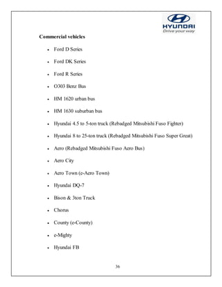 36
Commercial vehicles
 Ford D Series
 Ford DK Series
 Ford R Series
 O303 Benz Bus
 HM 1620 urban bus
 HM 1630 suburban bus
 Hyundai 4.5 to 5-ton truck (Rebadged Mitsubishi Fuso Fighter)
 Hyundai 8 to 25-ton truck (Rebadged Mitsubishi Fuso Super Great)
 Aero (Rebadged Mitsubishi Fuso Aero Bus)
 Aero City
 Aero Town (e-Aero Town)
 Hyundai DQ-7
 Bison & 3ton Truck
 Chorus
 County (e-County)
 e-Mighty
 Hyundai FB
 