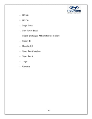 37
 HD160
 HD170
 Mega Truck
 New Power Truck
 Mighty (Rebadged Mitsubishi Fuso Canter)
 Mighty II
 Hyundai RB
 Super Truck Medium
 Super Truck
 Trago
 Universe
 