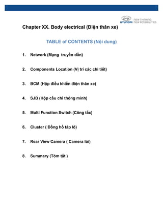 Chapter XX. Body electrical (Điện thân xe)
TABLE of CONTENTS (Nội dung)
1. Network (Mạng truyền dẫn)
2. Components Location (Vị trí các chi tiết)
3. BCM (Hộp điều khiển điện thân xe)
4. SJB (Hộp cầu chì thông minh)
5. Multi Function Switch (Công tắc)
6. Cluster ( Đồng hồ táp lô)
7. Rear View Camera ( Camera lùi)
8. Summary (Tóm tắt )
 