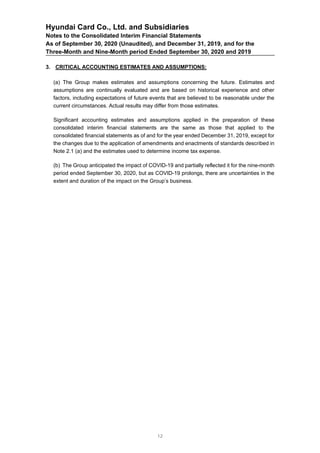 Hyundai Card Co., Ltd. and Subsidiaries
Notes to the Consolidated Interim Financial Statements
As of September 30, 2020 (Unaudited), and December 31, 2019, and for the
Three-Month and Nine-Month period Ended September 30, 2020 and 2019
3. CRITICAL ACCOUNTING ESTIMATES AND ASSUMPTIONS:
(a) The Group makes estimates and assumptions concerning the future. Estimates and
assumptions are continually evaluated and are based on historical experience and other
factors, including expectations of future events that are believed to be reasonable under the
current circumstances. Actual results may differ from those estimates.
Significant accounting estimates and assumptions applied in the preparation of these
consolidated interim financial statements are the same as those that applied to the
consolidated financial statements as of and for the year ended December 31, 2019, except for
the changes due to the application of amendments and enactments of standards described in
Note 2.1 (a) and the estimates used to determine income tax expense.
(b) The Group anticipated the impact of COVID-19 and partially reflected it for the nine-month
period ended September 30, 2020, but as COVID-19 prolongs, there are uncertainties in the
extent and duration of the impact on the Group’s business.
12
 