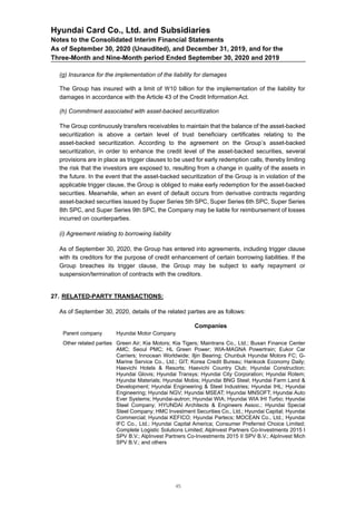 Hyundai Card Co., Ltd. and Subsidiaries
Notes to the Consolidated Interim Financial Statements
As of September 30, 2020 (Unaudited), and December 31, 2019, and for the
Three-Month and Nine-Month period Ended September 30, 2020 and 2019
(g) Insurance for the implementation of the liability for damages
The Group has insured with a limit of 10 billion for the implementation of the liability for
damages in accordance with the Article 43 of the Credit Information Act.
(h) Commitment associated with asset-backed securitization
The Group continuously transfers receivables to maintain that the balance of the asset-backed
securitization is above a certain level of trust beneficiary certificates relating to the
asset-backed securitization. According to the agreement on the Group’s asset-backed
securitization, in order to enhance the credit level of the asset-backed securities, several
provisions are in place as trigger clauses to be used for early redemption calls, thereby limiting
the risk that the investors are exposed to, resulting from a change in quality of the assets in
the future. In the event that the asset-backed securitization of the Group is in violation of the
applicable trigger clause, the Group is obliged to make early redemption for the asset-backed
securities. Meanwhile, when an event of default occurs from derivative contracts regarding
asset-backed securities issued by Super Series 5th SPC, Super Series 6th SPC, Super Series
8th SPC, and Super Series 9th SPC, the Company may be liable for reimbursement of losses
incurred on counterparties.
(i) Agreement relating to borrowing liability
As of September 30, 2020, the Group has entered into agreements, including trigger clause
with its creditors for the purpose of credit enhancement of certain borrowing liabilities. If the
Group breaches its trigger clause, the Group may be subject to early repayment or
suspension/termination of contracts with the creditors.
27. RELATED-PARTY TRANSACTIONS:
As of September 30, 2020, details of the related parties are as follows:
Companies
Parent company Hyundai Motor Company
Other related parties Green Air; Kia Motors; Kia Tigers; Maintrans Co., Ltd.; Busan Finance Center
AMC; Seoul PMC; HL Green Power; WIA-MAGNA Powertrain; Eukor Car
Carriers; Innocean Worldwide; Iljin Bearing; Chunbuk Hyundai Motors FC; G-
Marine Service Co., Ltd.; GIT; Korea Credit Bureau; Hankook Economy Daily;
Haevichi Hotels & Resorts; Haevichi Country Club; Hyundai Construction;
Hyundai Glovis; Hyundai Transys; Hyundai City Corporation; Hyundai Rotem;
Hyundai Materials; Hyundai Mobis; Hyundai BNG Steel; Hyundai Farm Land &
Development; Hyundai Engineering & Steel Industries; Hyundai IHL; Hyundai
Engineering; Hyundai NGV; Hyundai MSEAT; Hyundai MNSOFT; Hyundai Auto
Ever Systems; Hyundai-autron; Hyundai WIA; Hyundai WIA IHI Turbo; Hyundai
Steel Company; HYUNDAI Architects & Engineers Assoc.; Hyundai Special
Steel Company; HMC Investment Securities Co., Ltd.; Hyundai Capital; Hyundai
Commercial; Hyundai KEFICO; Hyundai Partecs; MOCEAN Co., Ltd.; Hyundai
IFC Co., Ltd.; Hyundai Capital America; Consumer Preferred Choice Limited;
Complete Logistic Solutions Limited; Alplnvest Partners Co-Investments 2015 I
SPV B.V.; AlpInvest Partners Co-Investments 2015 II SPV B.V.; AlpInvest Mich
SPV B.V.; and others
45
 