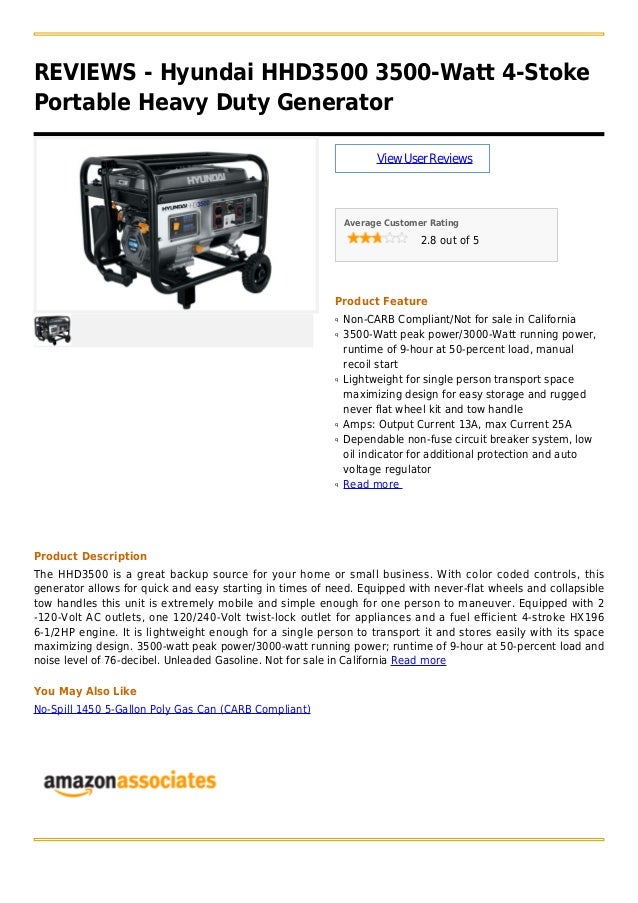 Hyundai hhd3500 3500 watt 4stoke portable heavy duty generator