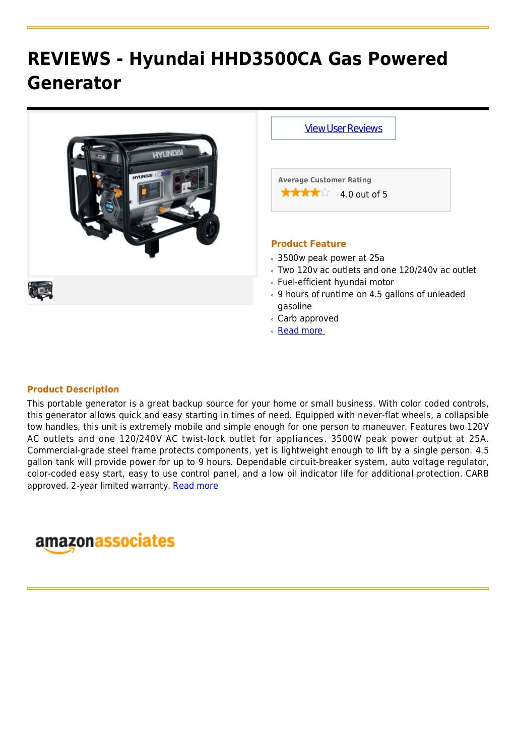 Hyundai hhd3500 ca gas powered generator